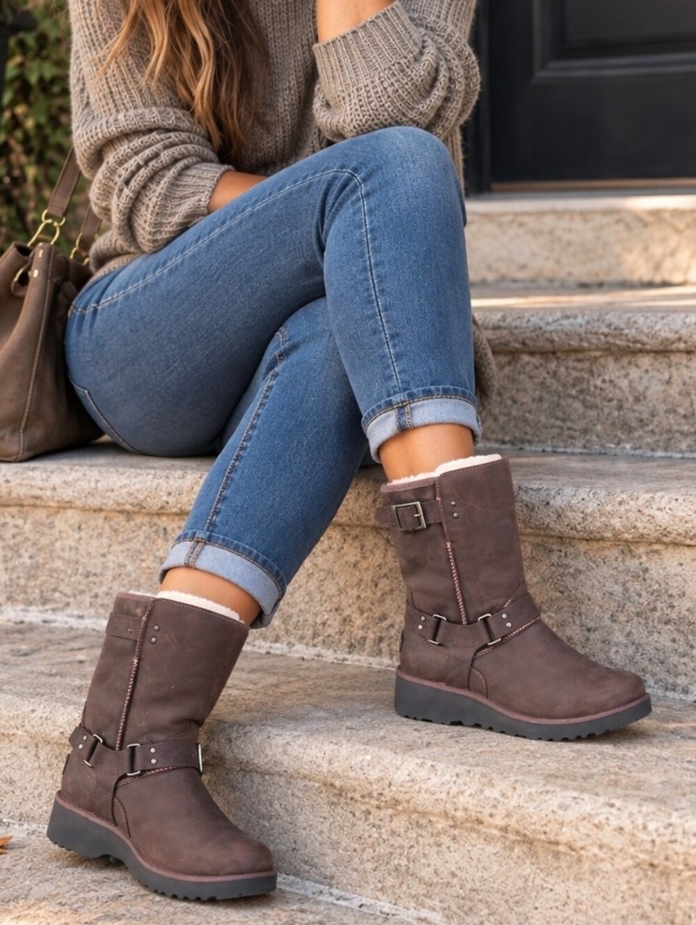 NWOT UGG Maddox Distressed Moto Boots Brown 7 NEW!
